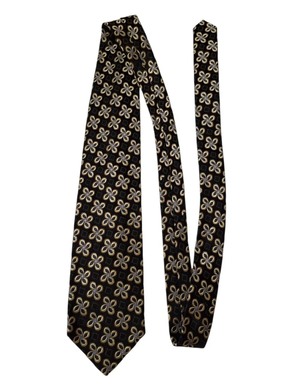 NOS VTG Robert Talbott For Norman Stockton Black Gold Silk Geometric Print Tie